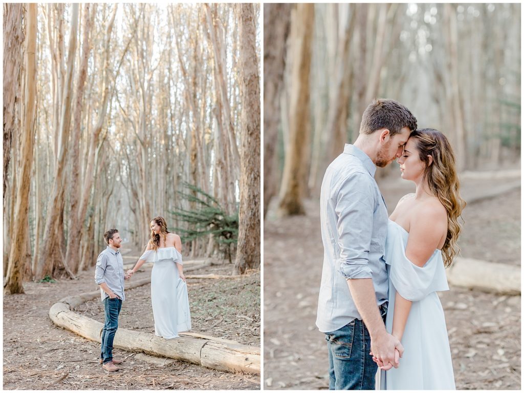 engaged couple holding hands and walking on lovers lane tree path